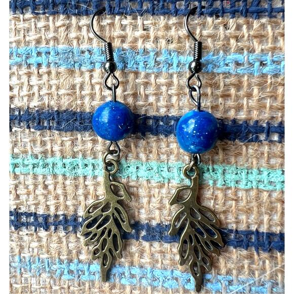 Handmade Brass Leaf Earrings with Blue Clay Bead – Artisan Dangle – 2.5" Drop - Picture 3 of 3
